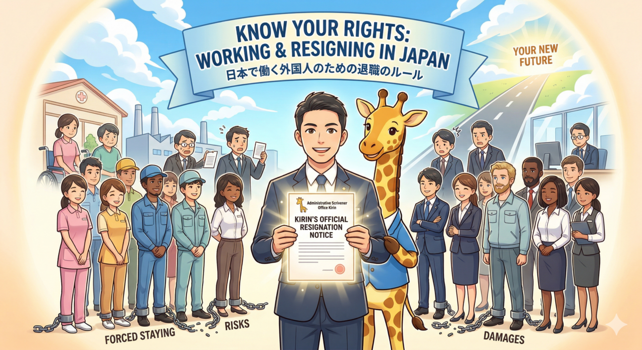 An illustration explaining resignation rights for foreigners in Japan, featuring an Administrative Scrivener from Office Kirin holding an official resignation notice.
